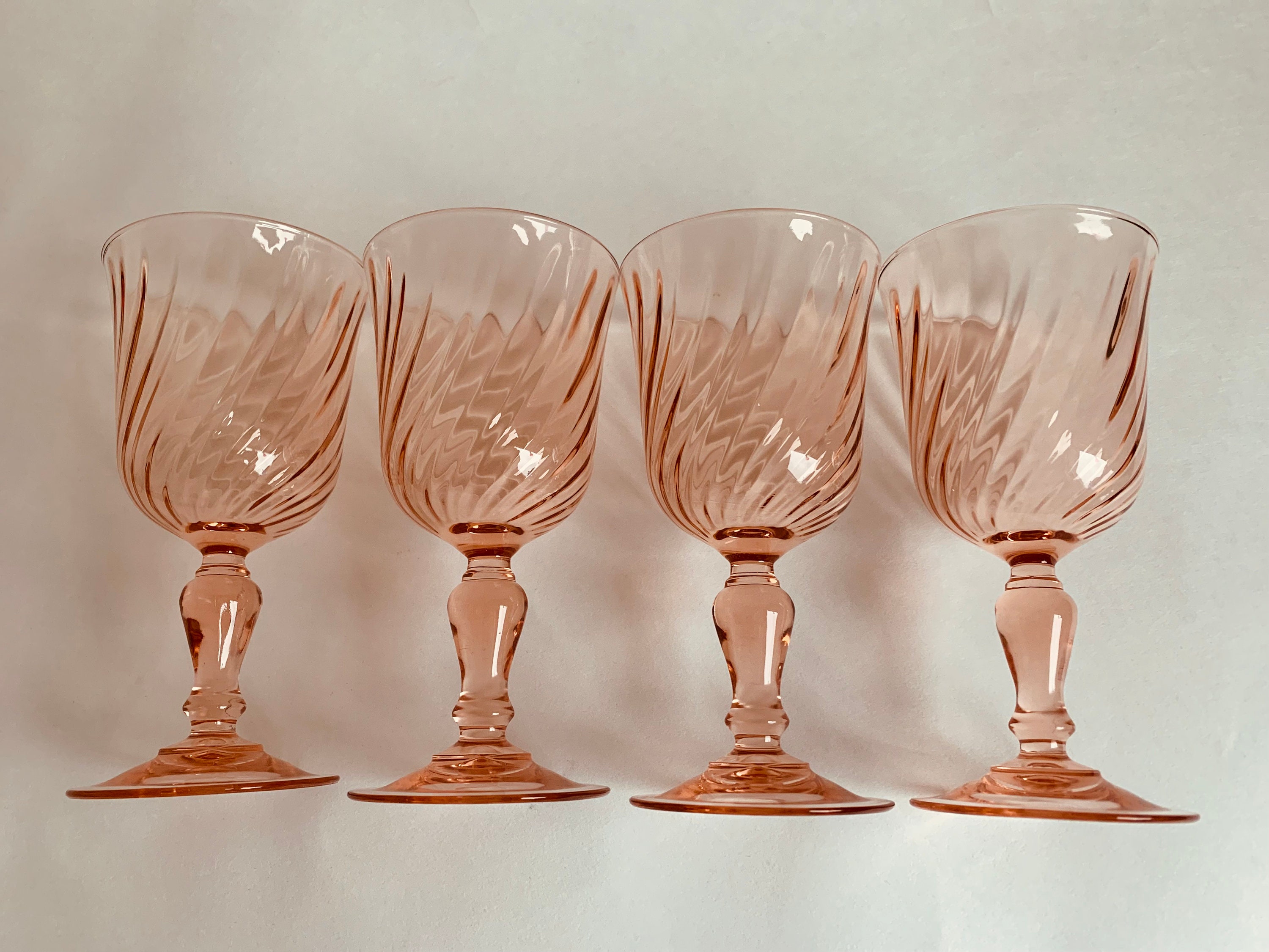 Set Of4 Arcoroc Rosaline Pink Swirl Fluted Wine Glasses Made Etsy
