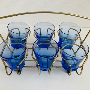 Vintage six snapps shoot glasses in metall stand holder 1960 blue glasses