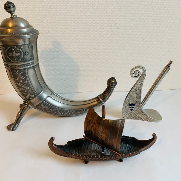 Set of3 Aksel Holmsen Pewter Drinking Horn Viking Boat and pen holder