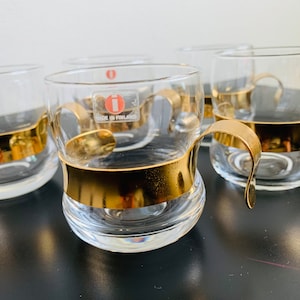 Set of 5. Iittala PAULA Glass Hot Tea Glass with Gold Plated Metal Clips by Jorma Vennola Made in Finland.