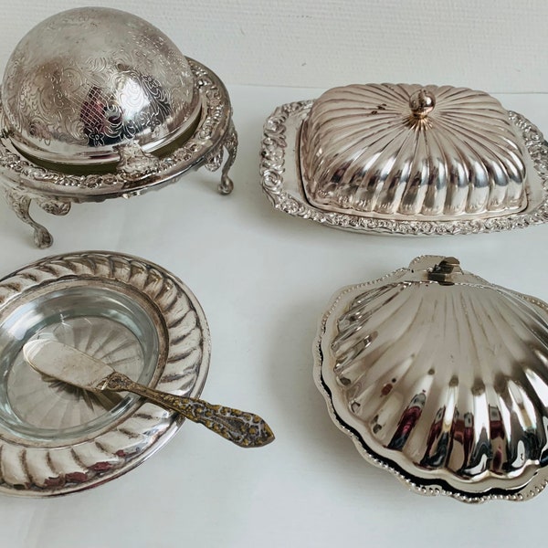 Set of 4 Vintage silver plated orb butter dish/Caviar Dish Domed Roll top Caviar spoon