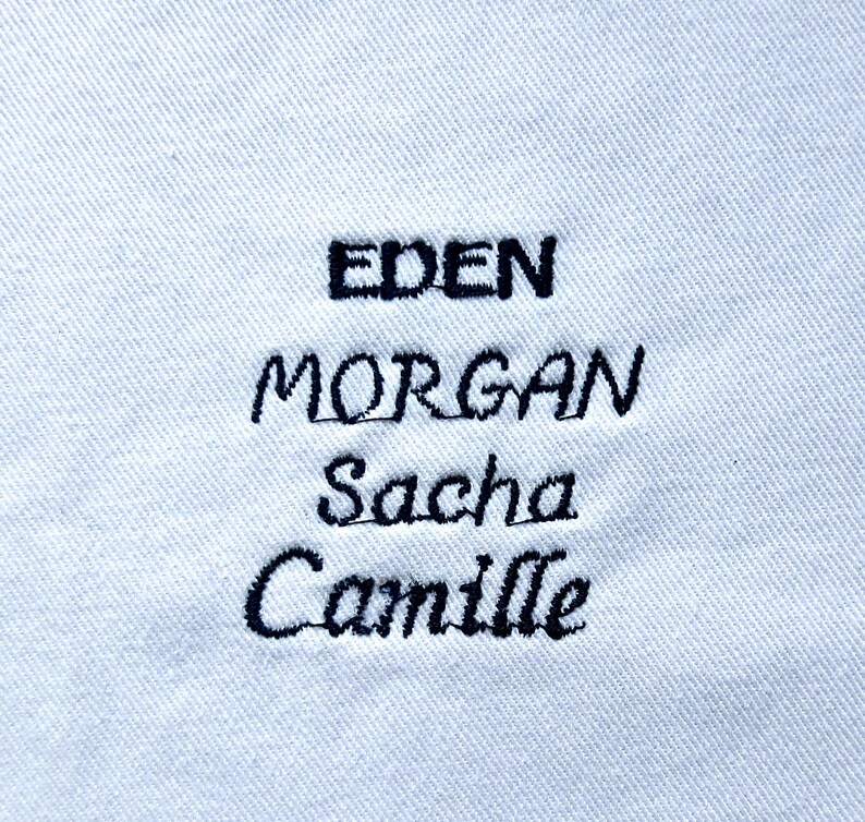 May include: A light blue fabric featuring four lines of black embroidered text. The names EDEN, MORGAN, Sacha, and Camille are stitched in a combination of block and cursive fonts, centered vertically on the textured cotton material.
