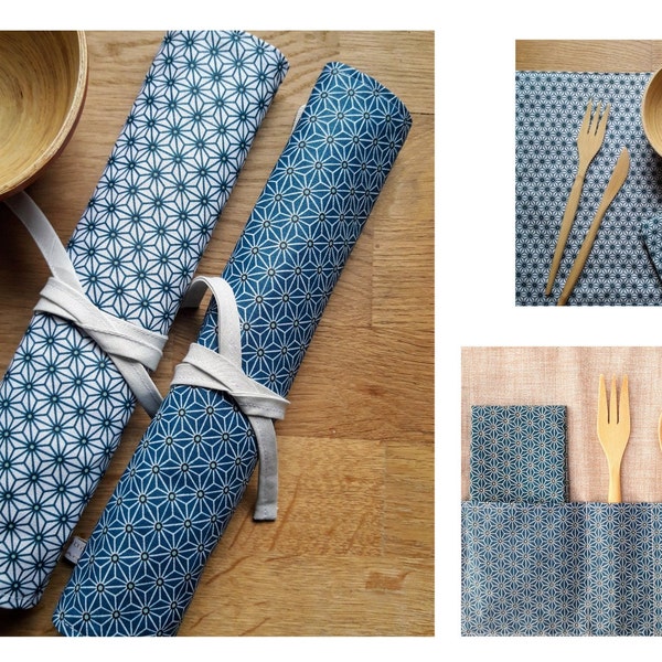 Pochette à Couverts & Baguettes à Rouler, Tissu Imperméable Asanoha Bleu Canard, Serviette Coton et Set Bambou, Fait Main en France