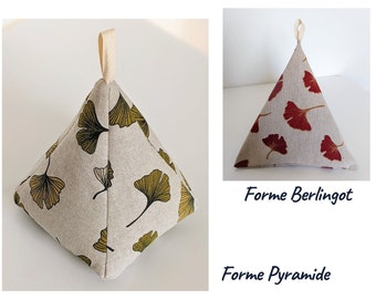 Linen Effect Fabric Door Stopper, Ginkgo Leaves Pattern, Pyramid and Berlingot Shape, Handmade in France Personalized