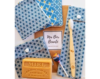 Ma Box Beauté de Voyage "Belle et Écolo", Motif Asanoha Bleu Canard, Kit de Toilette Personnalisé, Fait Main en France