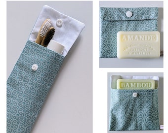 Toothbrush/Toothpaste Case & Soap Pouch, Asanoha Celadon Green Waterproof Fabric, Handmade in France Personalized