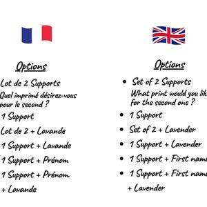 May include: A white informational graphic featuring two columns of text under French and British flags. The text lists product options including sets of supports, lavender additions, and personalization choices, with headings labeled Options in a black script font.