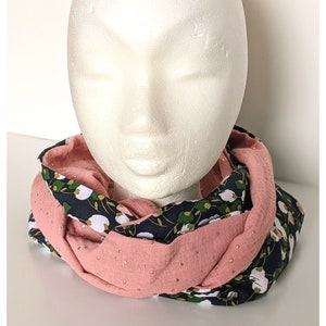 Women's Double Wrap Snood, Kisnek Floral Pattern Scarf, Double Gauze, Blush Pink Gold Touch, Handmade in France image 1