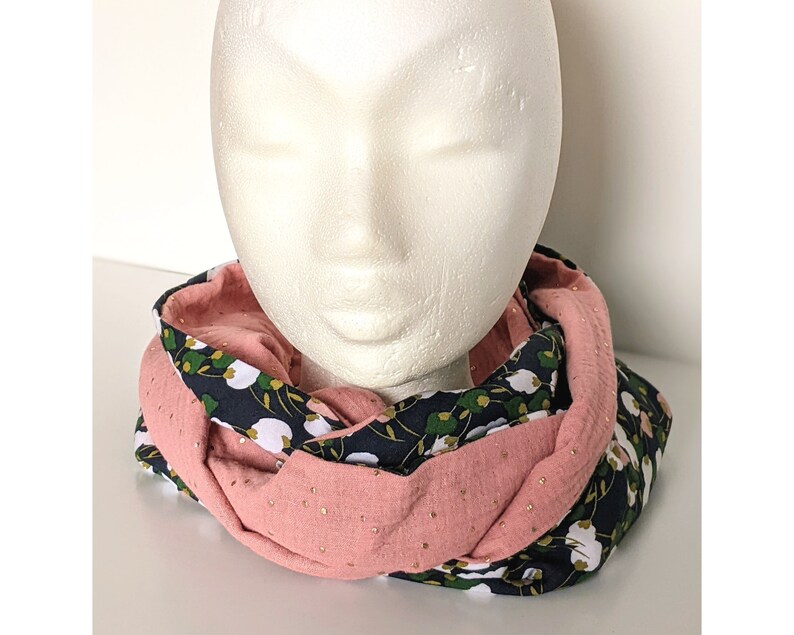 Women's Double Wrap Snood, Kisnek Floral Pattern Scarf, Double Gauze, Blush Pink Gold Touch, Handmade in France image 1