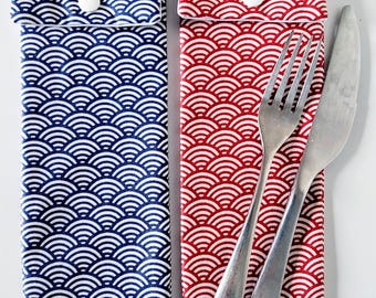 Cutlery & Chopstick Pouch in Coated Fabric with Japanese Seigaiha Pattern
