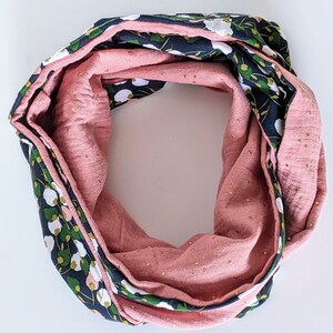 Women's Double Wrap Snood, Kisnek Floral Pattern Scarf, Double Gauze, Blush Pink Gold Touch, Handmade in France image 8