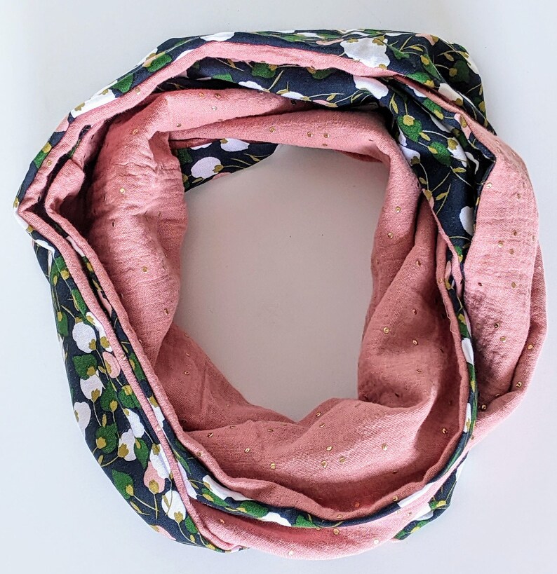 Women's Double Wrap Snood, Kisnek Floral Pattern Scarf, Double Gauze, Blush Pink Gold Touch, Handmade in France image 8