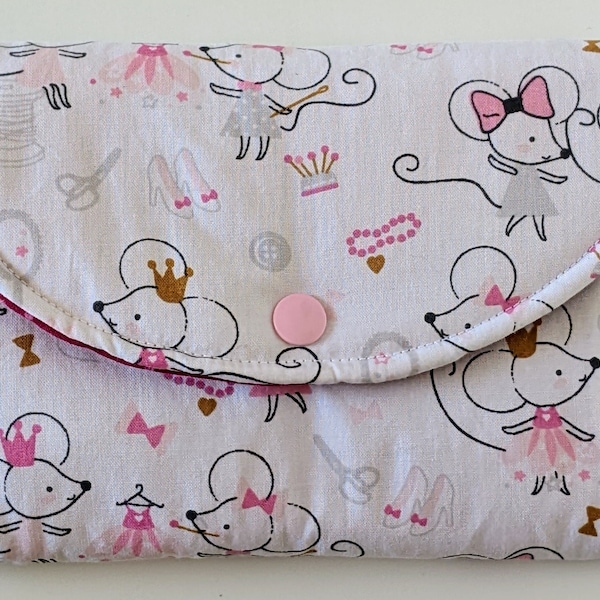 Pouch with Barrettes & Scrunchies, Coquette Souricette Fabric, Handmade in France Personalized