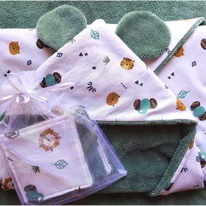 Coffret Cadeau Naissance Animaux de la Savane - Cape de Bain Bébé en Coton & Éponge Bambou oeko-Tex