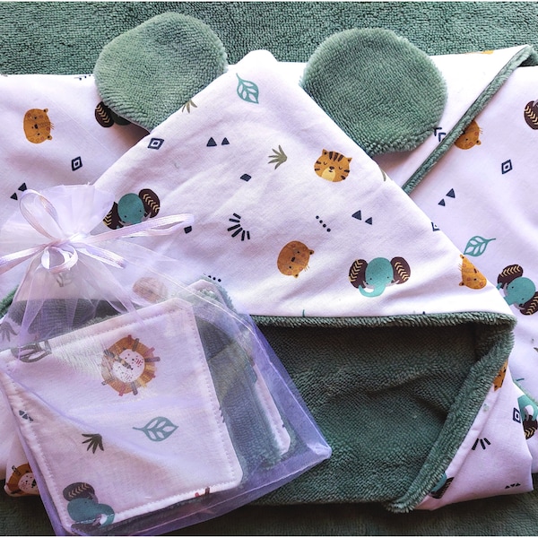 Bath Cape With or Without Lion Cub Ears, Animal Pattern & Ultra Soft Bamboo Sponge, Personalized Birth Box, Made in France