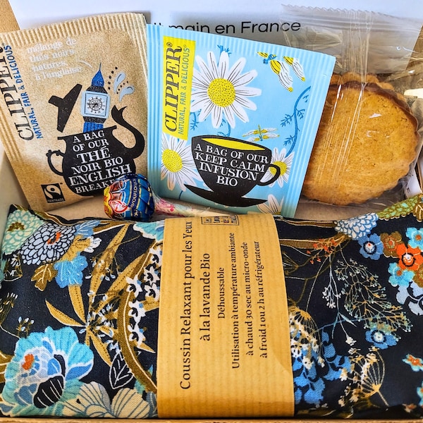 Mon Coffret Bien-être avec Coussin de Relaxation à la Lavande Bio, Douceurs et Gourmandises, Cadeau Personnalisé Fait Main en France