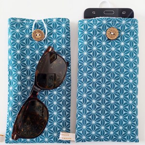 Étui à Lunettes & Téléphone Personnalisé - Tissu Japonais Bleu Pétrole - Fait Main en France Sur Mesure
