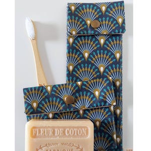 Étui à Brosse à Dents & Pochette à Savon - Tissu Imperméable Art Déco, Bleu nuit et Bronze