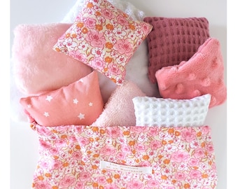 Cojines sensoriales Montessori, tacto, olfato y sonido en algodón floral Oeko-Tex