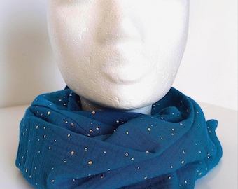 Double Neck Scarf in Duck Blue Cotton Gauze with Gold Sequins
