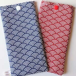 Étui à Lunettes & Téléphone Personnalisé  - Tissu Japonais Bleu Marine/Rouge - Fait Main en France