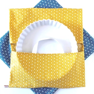 Japanese Fuji Pattern Fabric Pie Bag - Petrol Blue/Mustard Color - Handmade in France