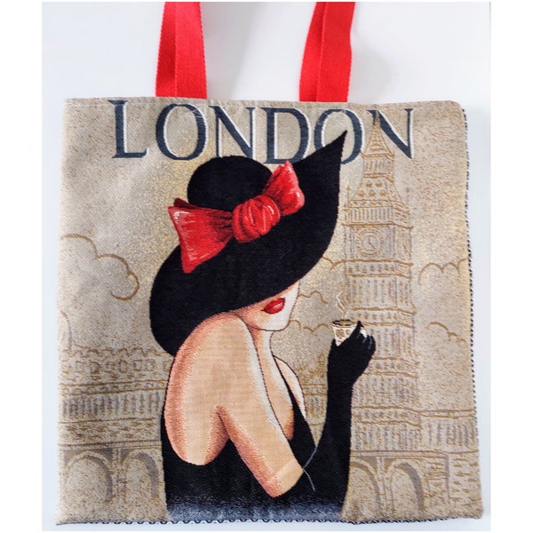 Grand Tote Bag Motif London, Tissu Jacquard, Cadeau Fait Main en France