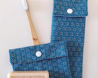 Toothbrush/Toothpaste & Soap Pouch with Japanese Pattern in Duck Blue
