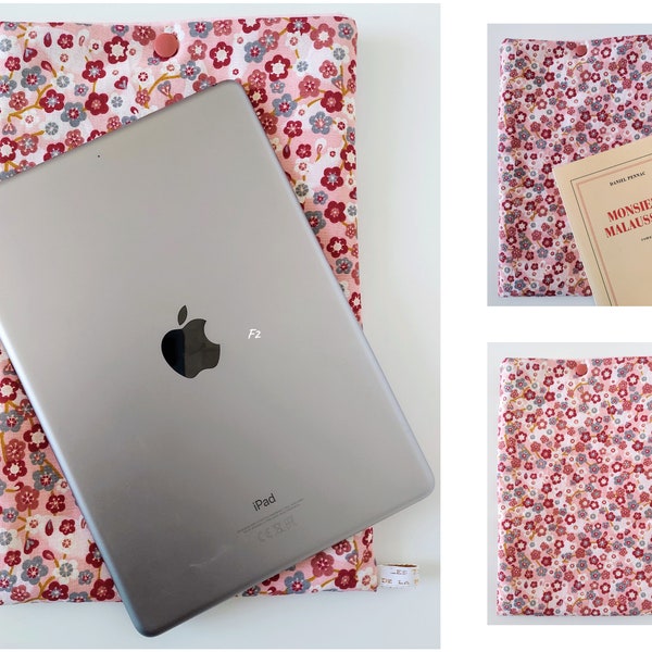 Housse Molletonnée Tablette, iPad & Livre, Tissu Japonais Fleuri, Fait Main en France Personnalisé