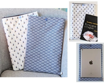 Fleece-Hülle für Tablet, iPad und Buch, Seigaiha- oder Segelboot-Stoffe, personalisiertes Geschenk für Männer oder Frauen, handgefertigt in Frankreich