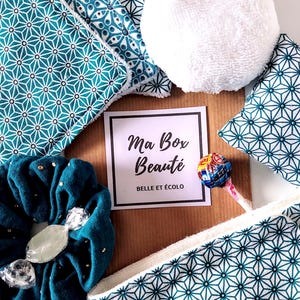 Box Cadeau Beauté pour Elle - Tissu Motif Japonais Bleu Canard - Fait Main en France