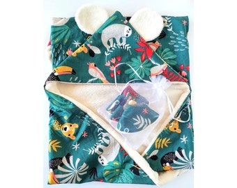 Bath Cape With or Without Koala Ears, Personalized Baby Gift Box, Jungle Pattern Cotton & Ultra Soft Bamboo Sponge Made in France