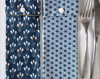 Duck Blue Fabric Cutlery & Chopsticks Case with Japanese and Floral Pattern