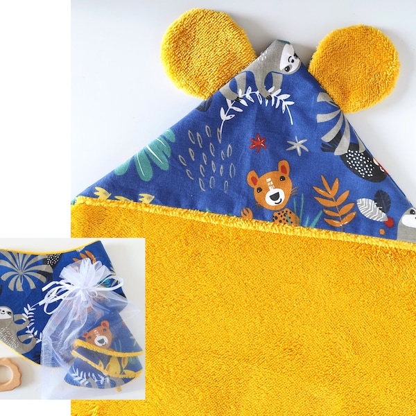 Bath Cape With or Without Koala Ears, Personalized Baby Gift Box, Jungle Pattern Cotton & Ultra Soft Bamboo Sponge Made in France