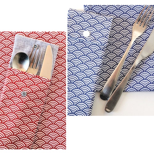 Cutlery & Chopsticks Pouch, Blue/Red Seigaiha Waterproof Fabric, Optional Napkin, Handmade in France Personalized