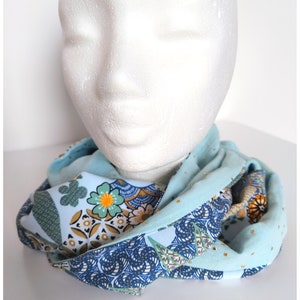 Women's Scarf in Aqua Green Color, Double Wrap Snood with Japanese Yin Pattern, Cotton Gauze with Golden Touch, Handmade in France