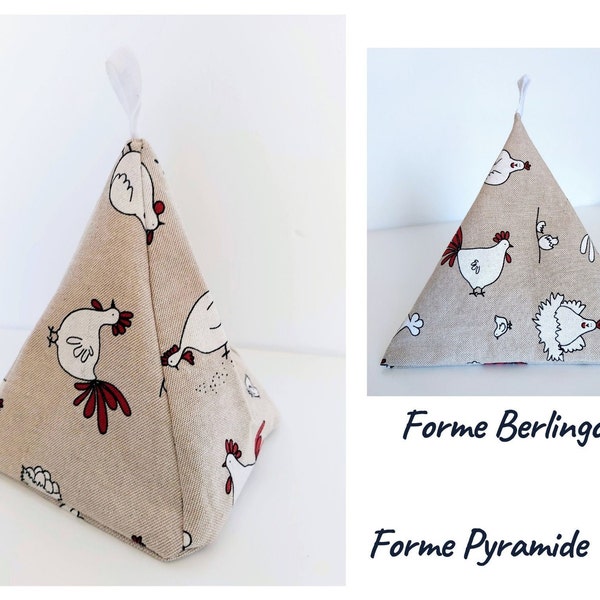 Linen Effect Fabric Doorstop, Hen Pattern, Pyramid or Berlingot Shape, Handmade in France Personalized