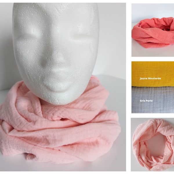 Snood for Women and Children over 10 Years, Double Wrap Scarf in Cotton Gauze, 12 Colors, Handmade in France