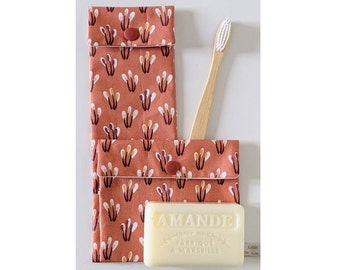 Toothbrush/Toothpaste Case & Soap Pouch, Coral Flowered Fabric, Handmade in France Personalized