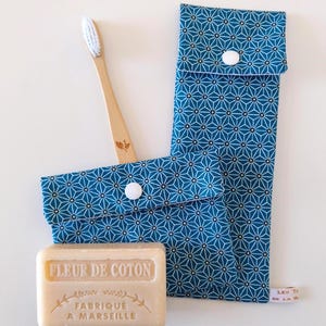 Waterproof Toothbrush Case & Soap Pouch - Duck Blue Japanese Pattern Fabric
