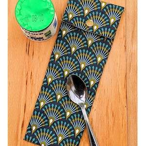 Étui à Couverts & Baguettes - Tissu Art Déco Imperméable Bleu Nuit/Prune - Fait Main en France