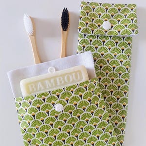 Pochette Brosse à Dents & Sac à Savon en Tissu Enduit - Motif Japonais Vert - Fait Main en France
