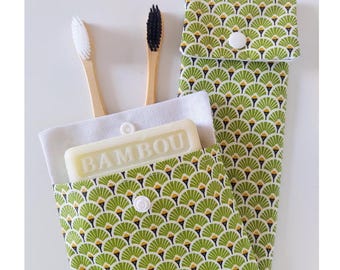 Coated Fabric Toothbrush Pouch & Soap Bag - Green Japanese Pattern - Handmade in France