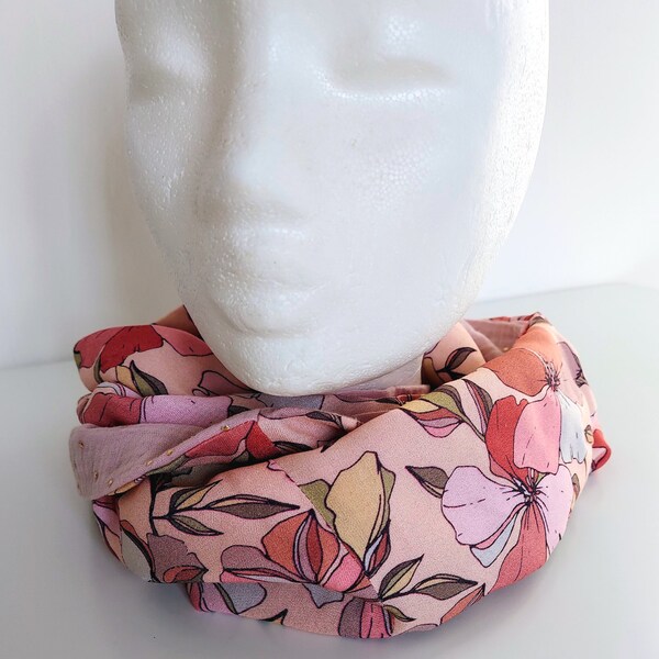 Echarpe Femme Fleurie, Double Gaze Cyclamen Touche Dorée, Snood Double Tour, Fait Main en France