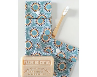 Toothbrush/Toothpaste Case & Soap Pouch, Frosted Blue Malawa Waterproof Fabric, Handmade in France Personalized