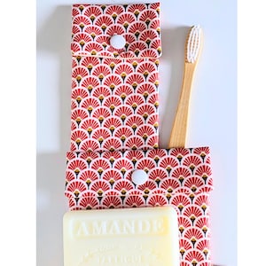Étui Brosse à Dents/Dentifrice & Pochette à Savon - Tissu Enduit Japonais Rouge
