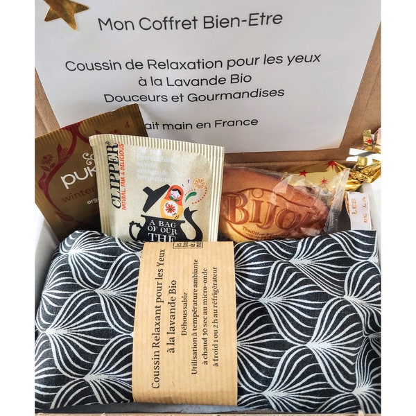 Mon Coffret Bien-être avec Coussin de Relaxation à la Lavande Bio, Douceurs et Gourmandises, Cadeau Personnalisé Fait Main en France