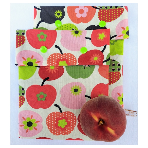 Apple Pattern Sandwich & Snack Pouch, Food Certified Waterproof Interior Fabric, Handmade in France Personalized