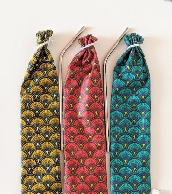 Pailles Inox Réutilisables & Étui de Transport, Tissu Imperméable Art Déco, Fait Main en France Pers