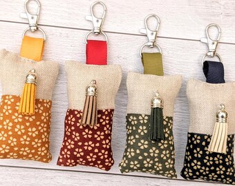 Carabiner Keyring - Floral Japanese Pattern Fabric & Natural Linen - Handmade in France